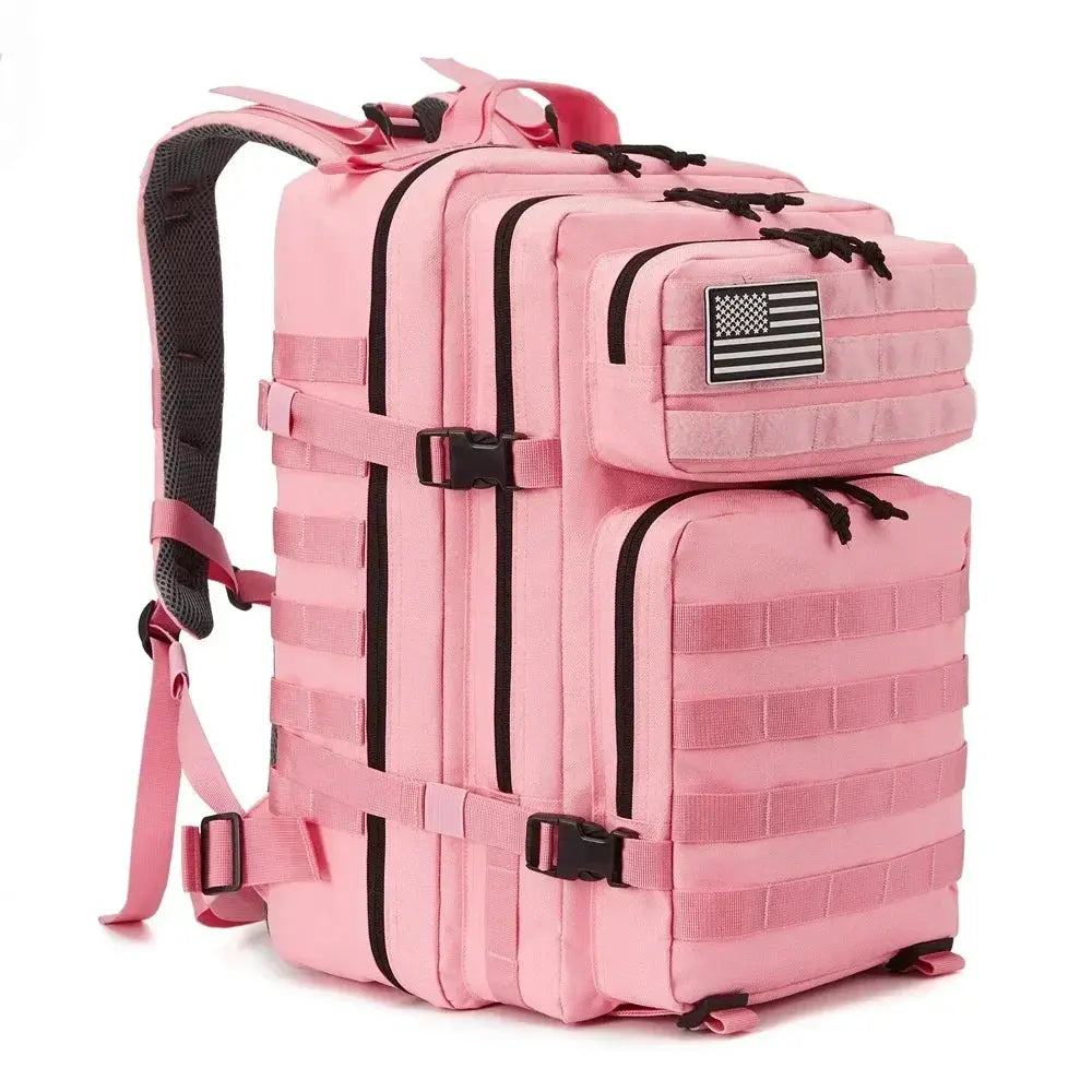 Pink 45L tactical backpack with MOLLE webbing, front pocket, dual zippers, and a US flag patch