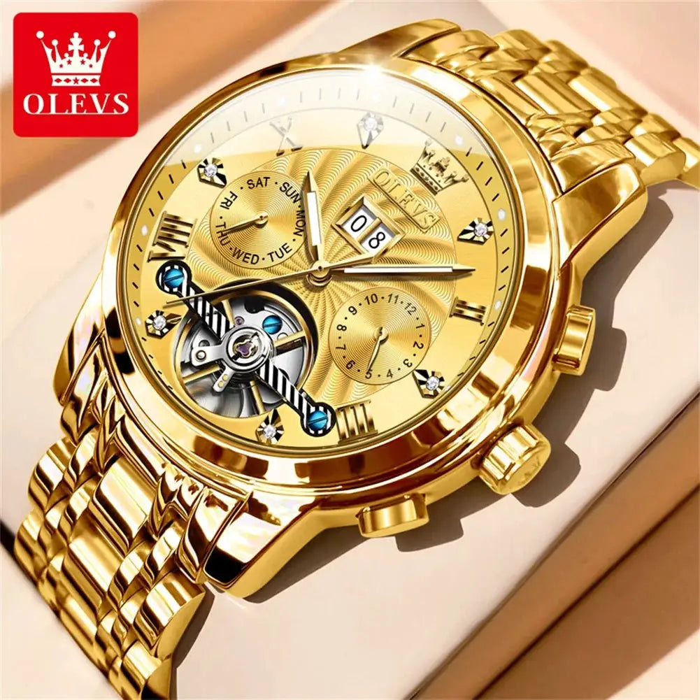 OLEVS classic men's gold-tone wristwatch with tourbillon and multi-function dial, gold bracelet, brand logo