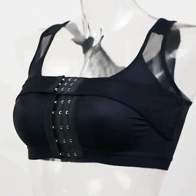Simples Market women's front-closure post-surgery compression bra, black with wide front panel and multi-hook fasteners