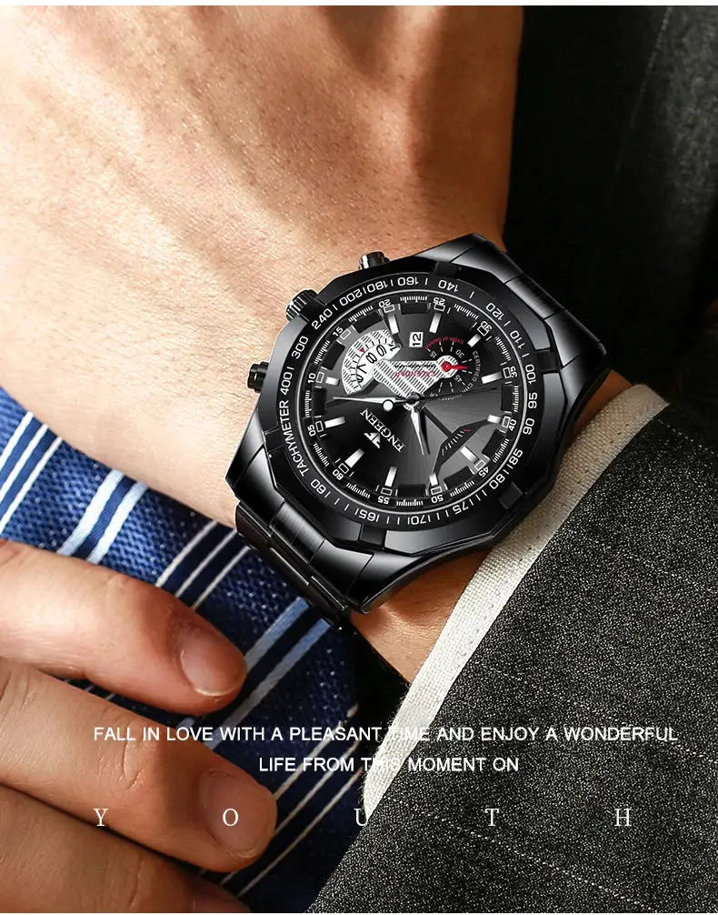 BINBOND men's quartz wristwatch with black stainless steel band, tachymeter bezel, and date display