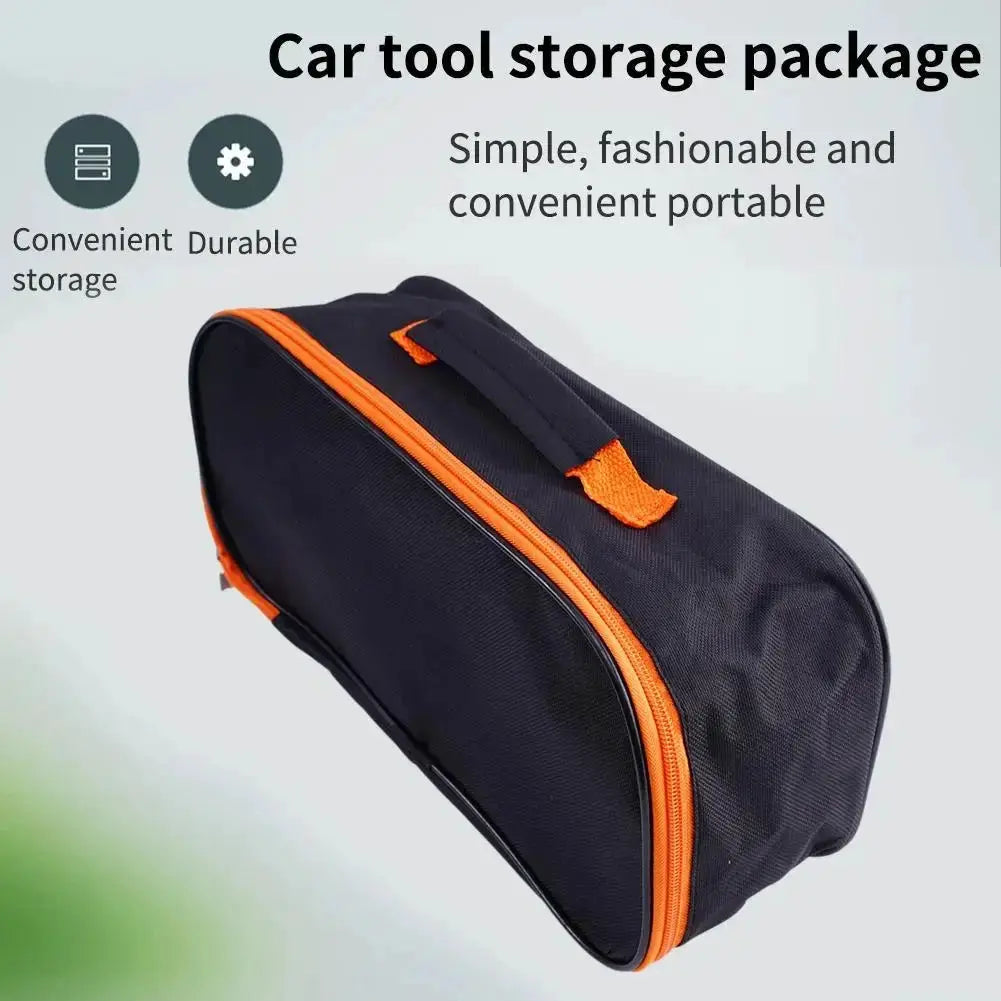 Portable tool bag in dark Oxford fabric with orange zipper and carry handle