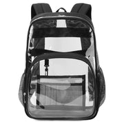Clear backpack with black trim by Simples Market, transparent school bag with front zipper pocket and mesh side pockets