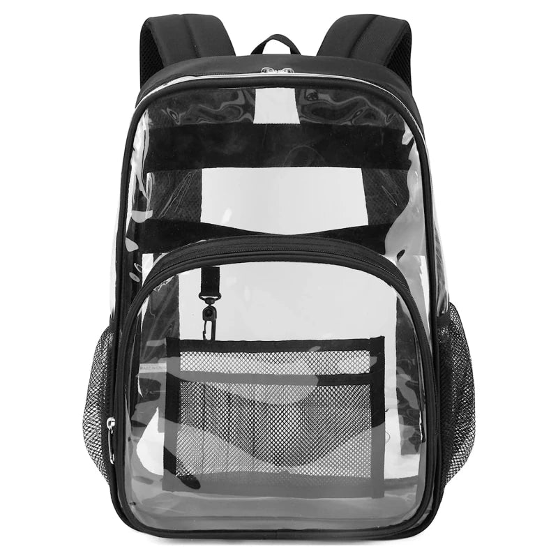 Clear backpack with black trim by Simples Market, transparent school bag with front zipper pocket and mesh side pockets