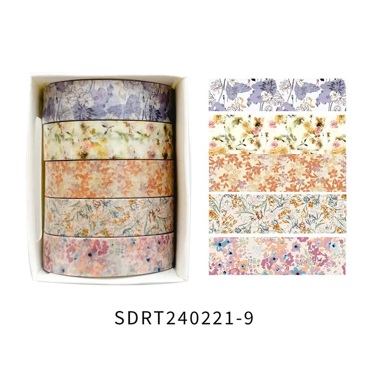 Simples Market boxed set of 5 floral washi tapes with pastel flower designs for students