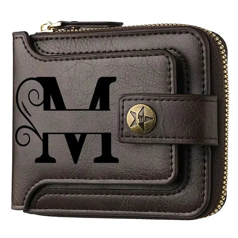 Wallet brown PU leather with zip-around closure and snap strap