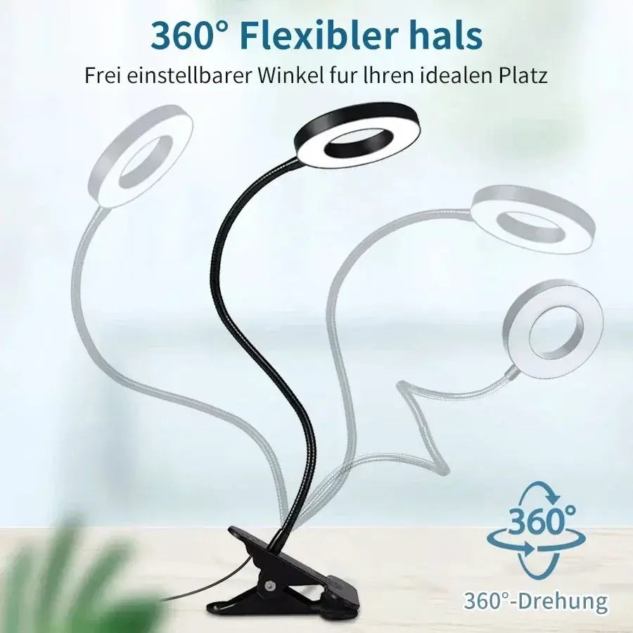 LED desk clip study lamp with flexible black gooseneck and 3-color LED heads USB powered