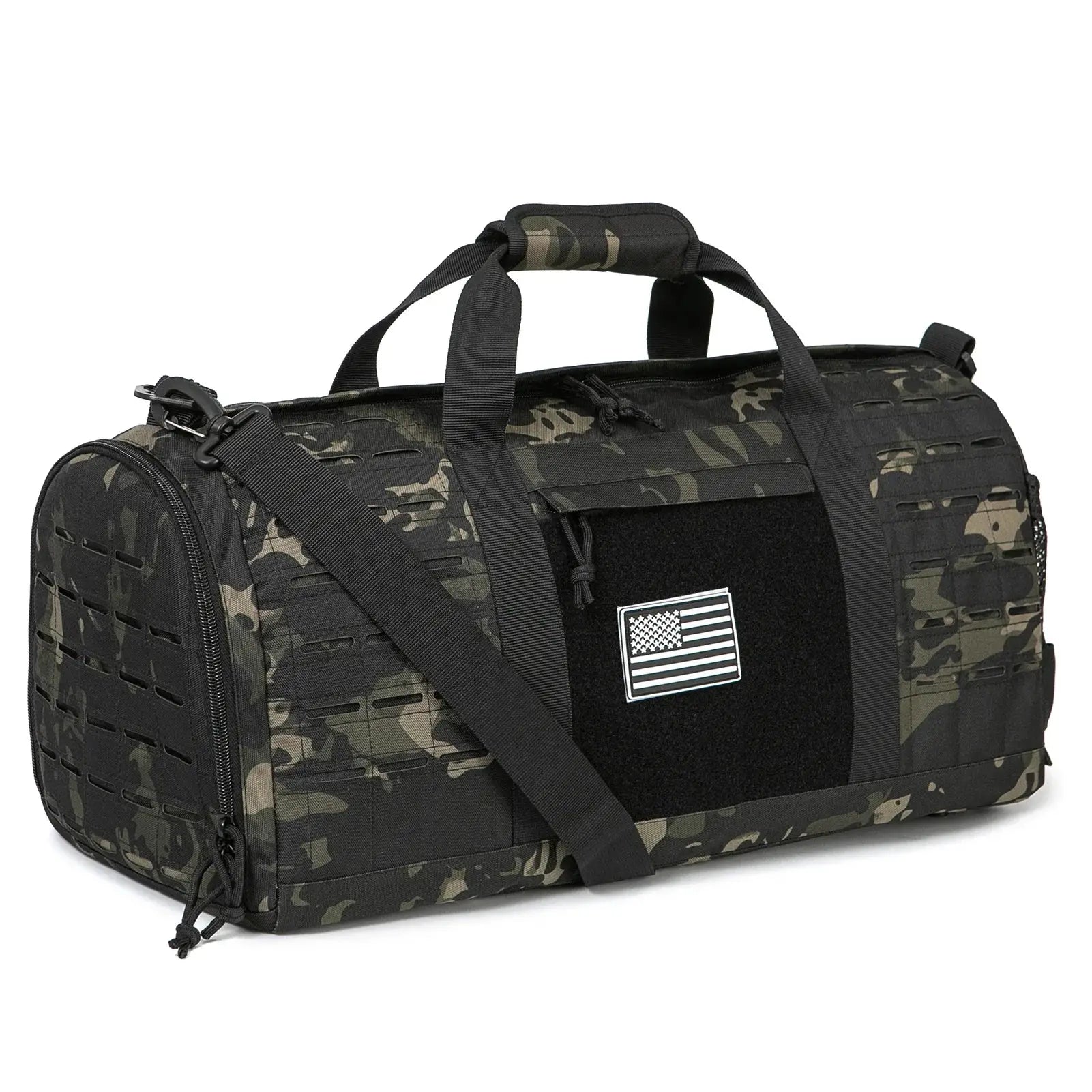 40L camouflage tactical gym bag with MOLLE webbing, American flag patch and carry handles by Simples Market