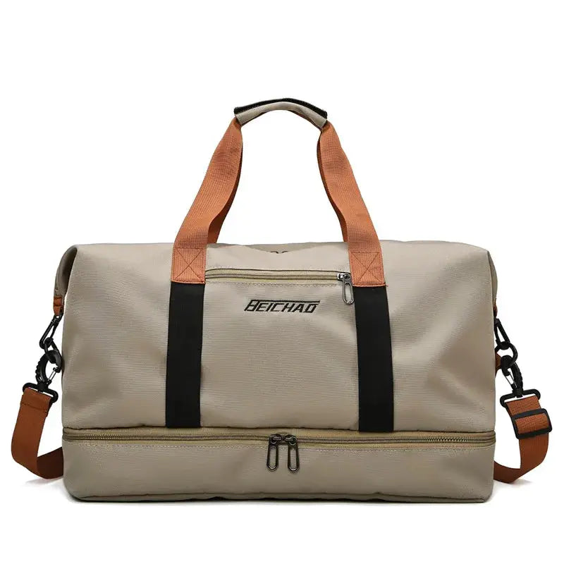 BEICHAD travel gym bag, beige duffle with orange handles, black vertical straps, and detachable shoulder strap
