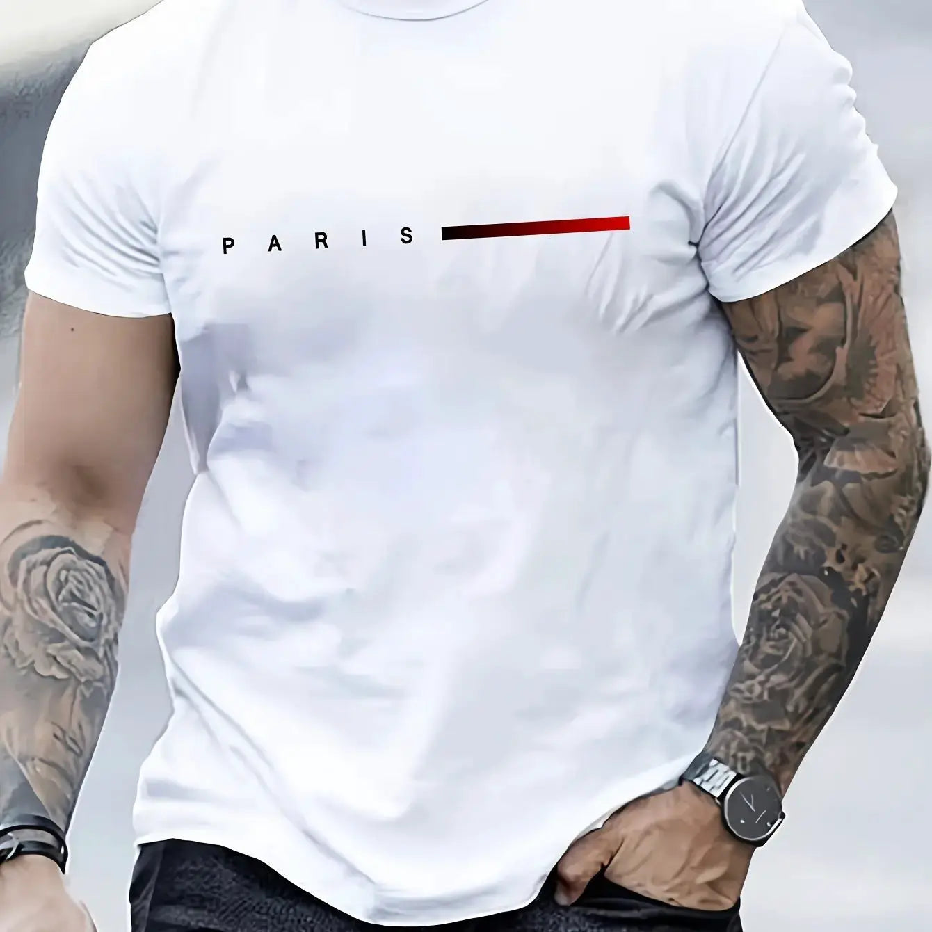 Men's 100 Percent Cotton Summer T Shirt Paris Letter Print Round Neck Short Sleeve Casual Top