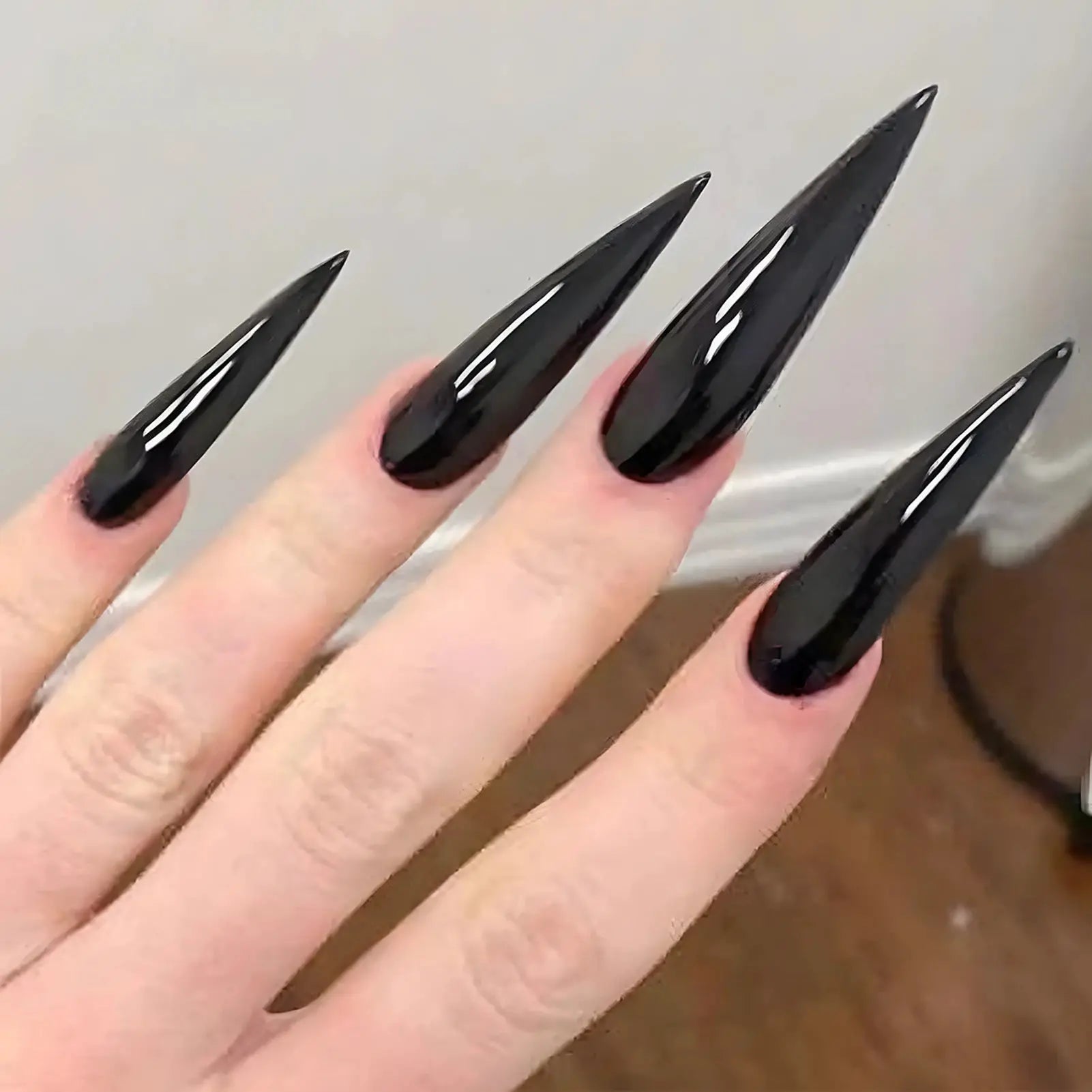 GlamNail Co 24pcs Glossy Black Press On Nails Set Long Stiletto Tips With Quick Application And Easy Removal