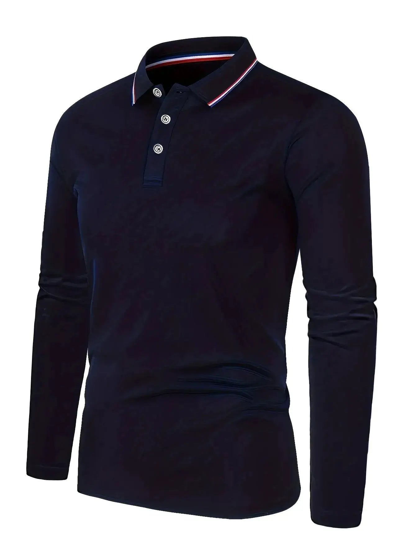 Men's navy polo shirt, long sleeve, Simples Market with red-white-blue striped collar trim