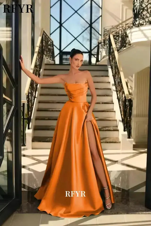RFYR Green Satin Evening Dress Pleats A Line High Split Prom