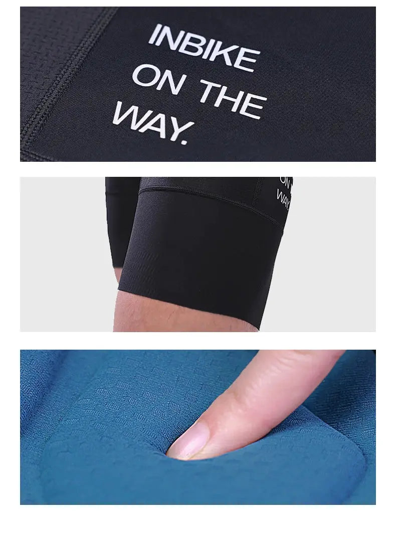 INBIKE men's MTB cycling bib shorts; black, textured panels with a tight compressive fit.