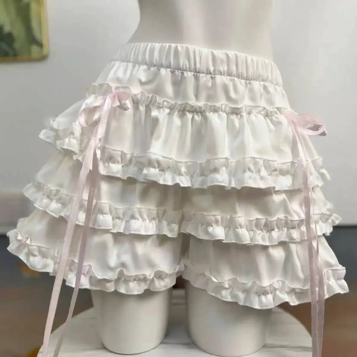 Lolita Style Princess Cake Skirt white with pale pink ribbons, tiered ruffle lace mini skirt