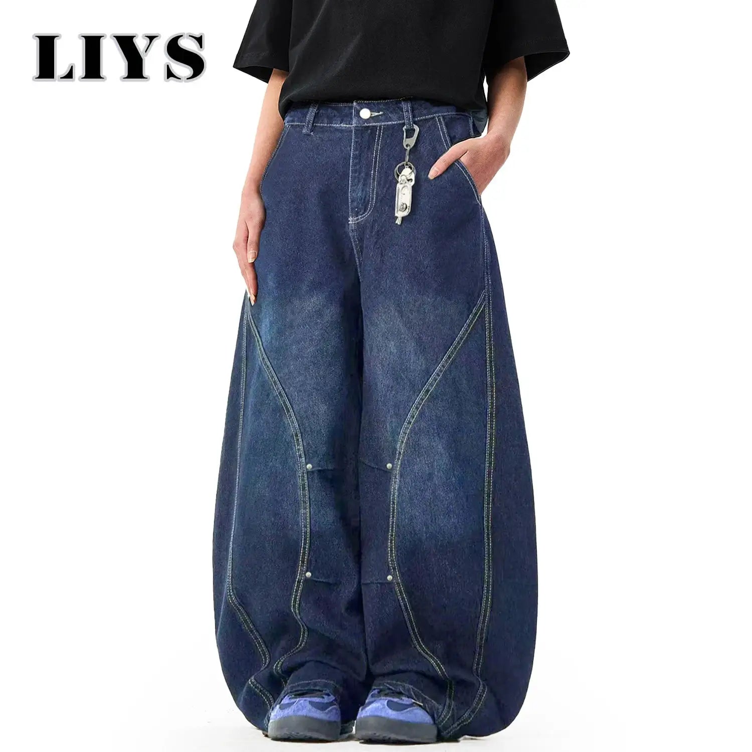 Men's wide-leg blue denim jeans with balloon-style panels and contrast stitching, Simples Market