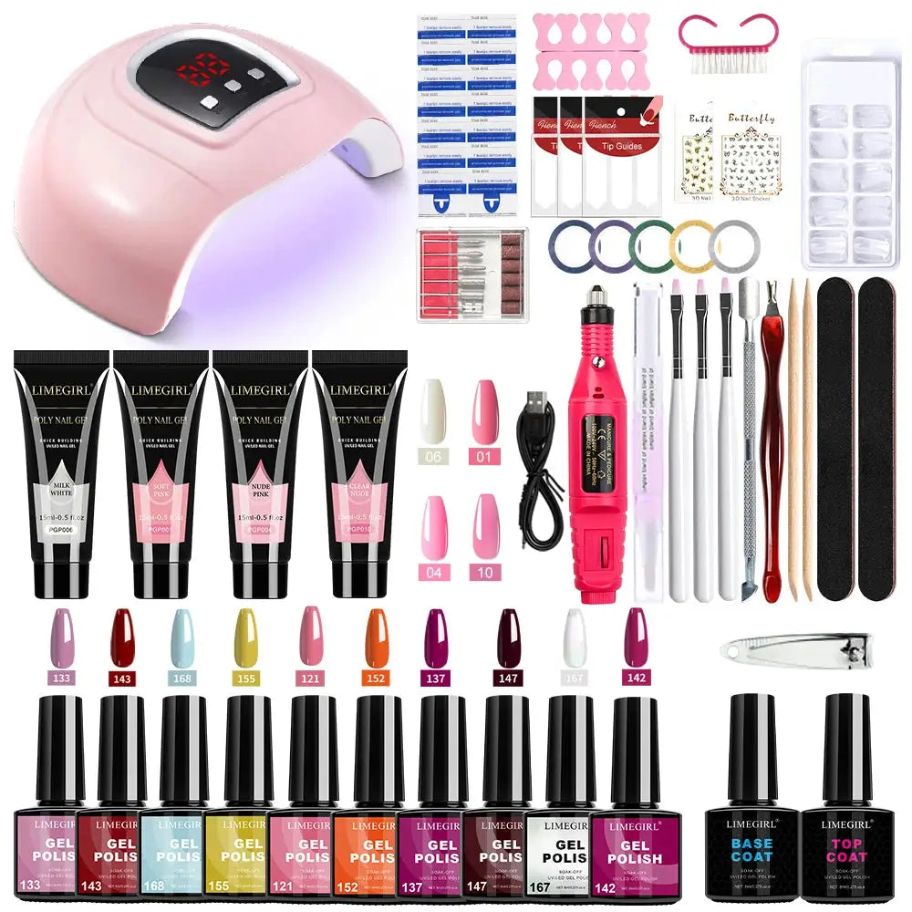 LIMEGIRL gel nail polish kit with LED lamp, base/top coats, nail drill, and 20+ gel polishes