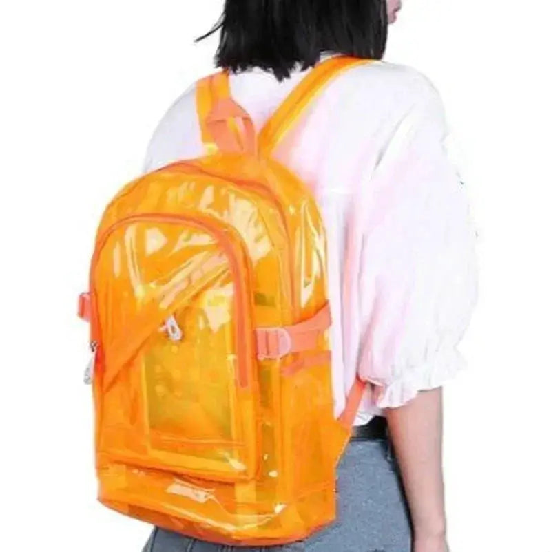 Transparent orange PVC backpack, waterproof clear school bag by Simples Market.