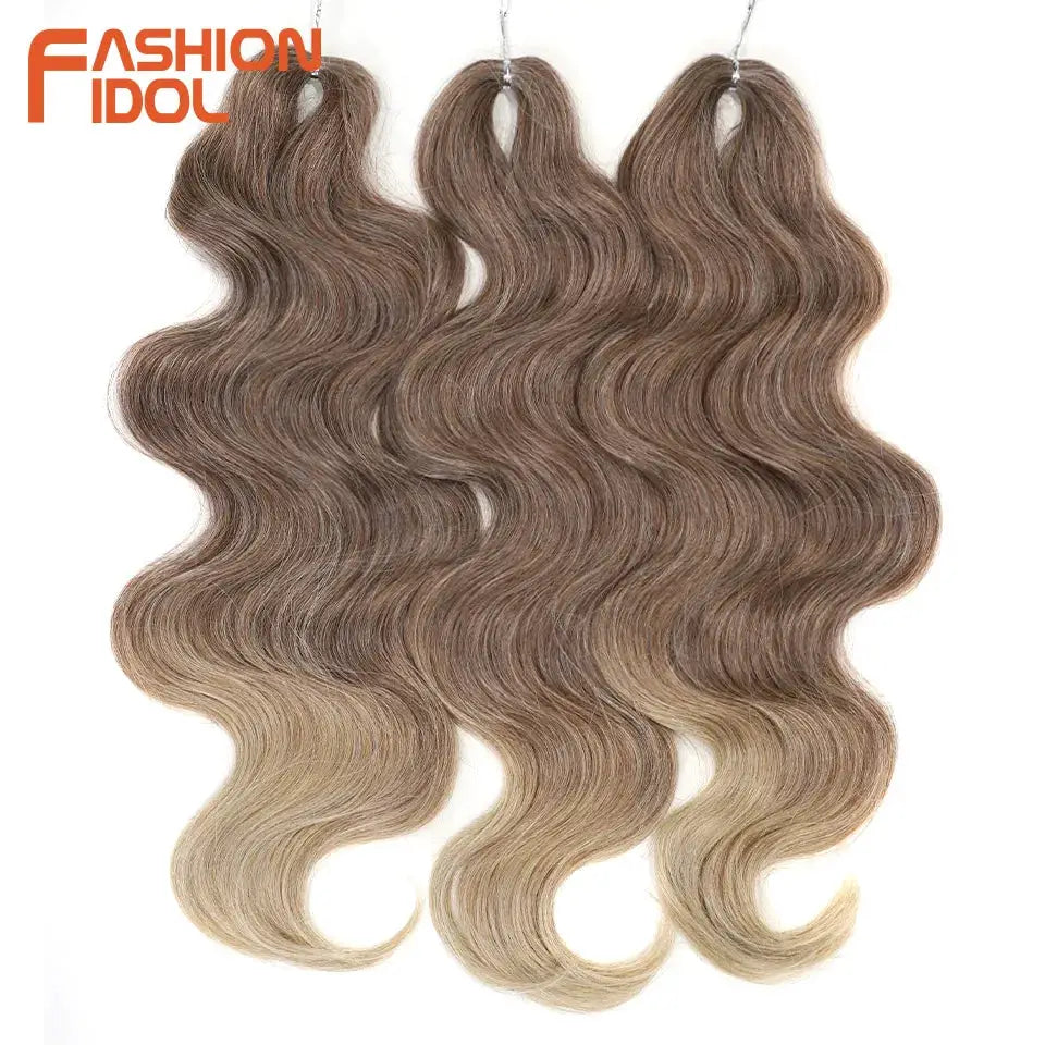Crochet hair extensions by Fashion Idol, 24in, 3pcs, ombre brown to blonde, synthetic body-wave