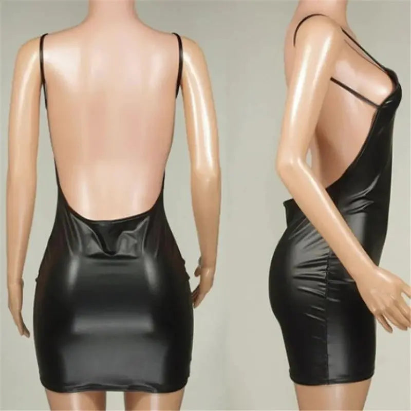 LuxeLure Faux Leather Backless Club Dress Black Wet Look Bodycon Mini For Nightlife