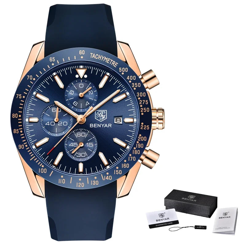 Men's BENYAR chronograph watch with blue dial and blue strap, rose-gold case; includes box and papers