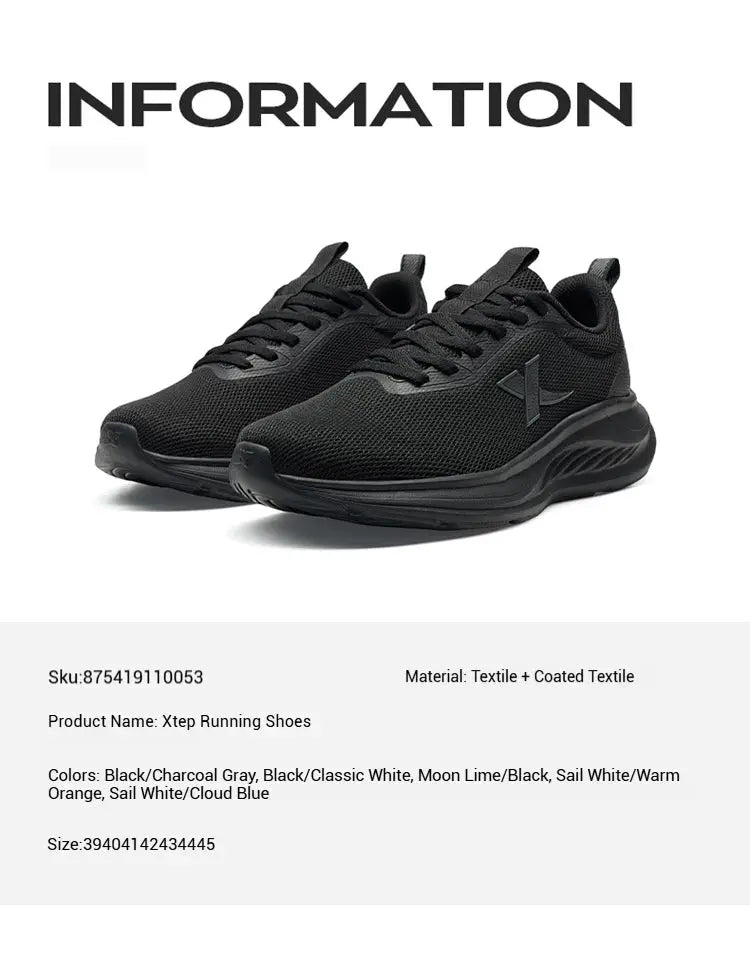 Xtep men's running shoes, black breathable mesh upper, lightweight shock-absorbing sole pair