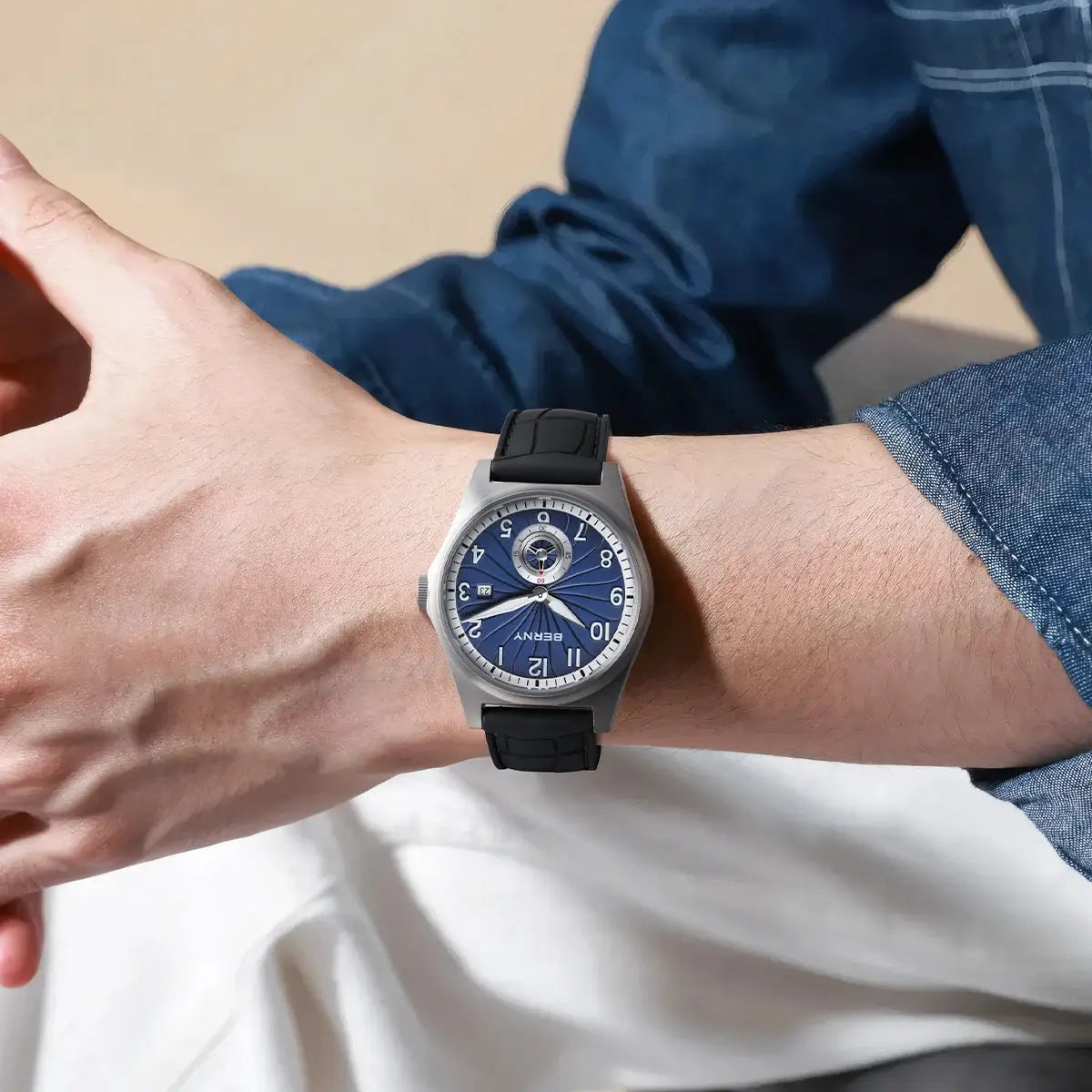 BERNY full titanium automatic men's watch with blue dial and black strap