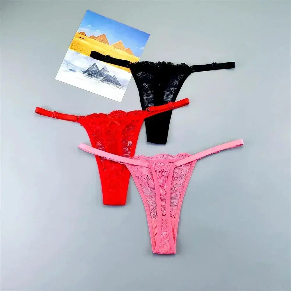 3-piece lace thong panties set by Simples Market in red, black, pink with adjustable side straps