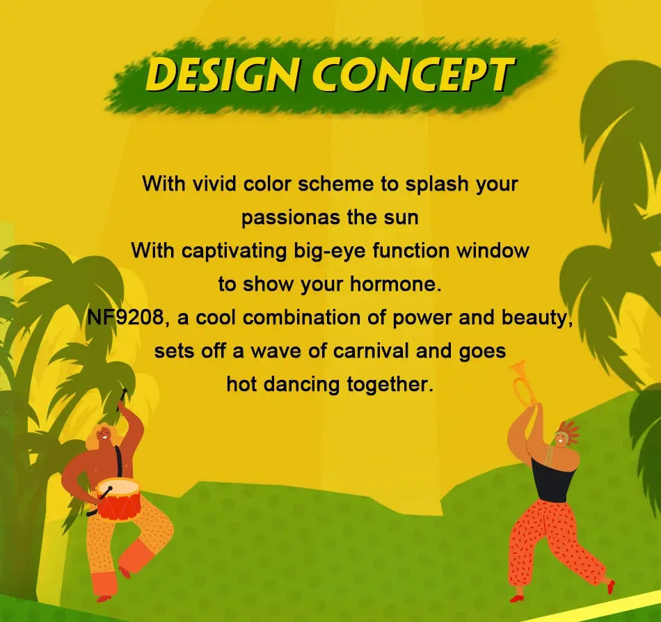 Design concept poster by Simples Market showcasing tropical dancers on a yellow background.