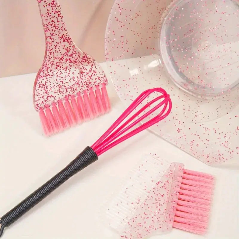 4pc pink glitter hair dyeing set including a sparkling comb, pearl dyeing brush, dyeing brush and dyeing whisk