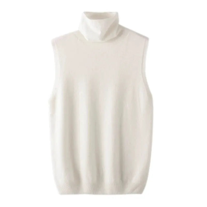 Women 100 Percent Merino Wool Sleeveless Turtleneck Vest Waistcoat Knitwear For Spring Autumn Winter Layering Fashion Tops