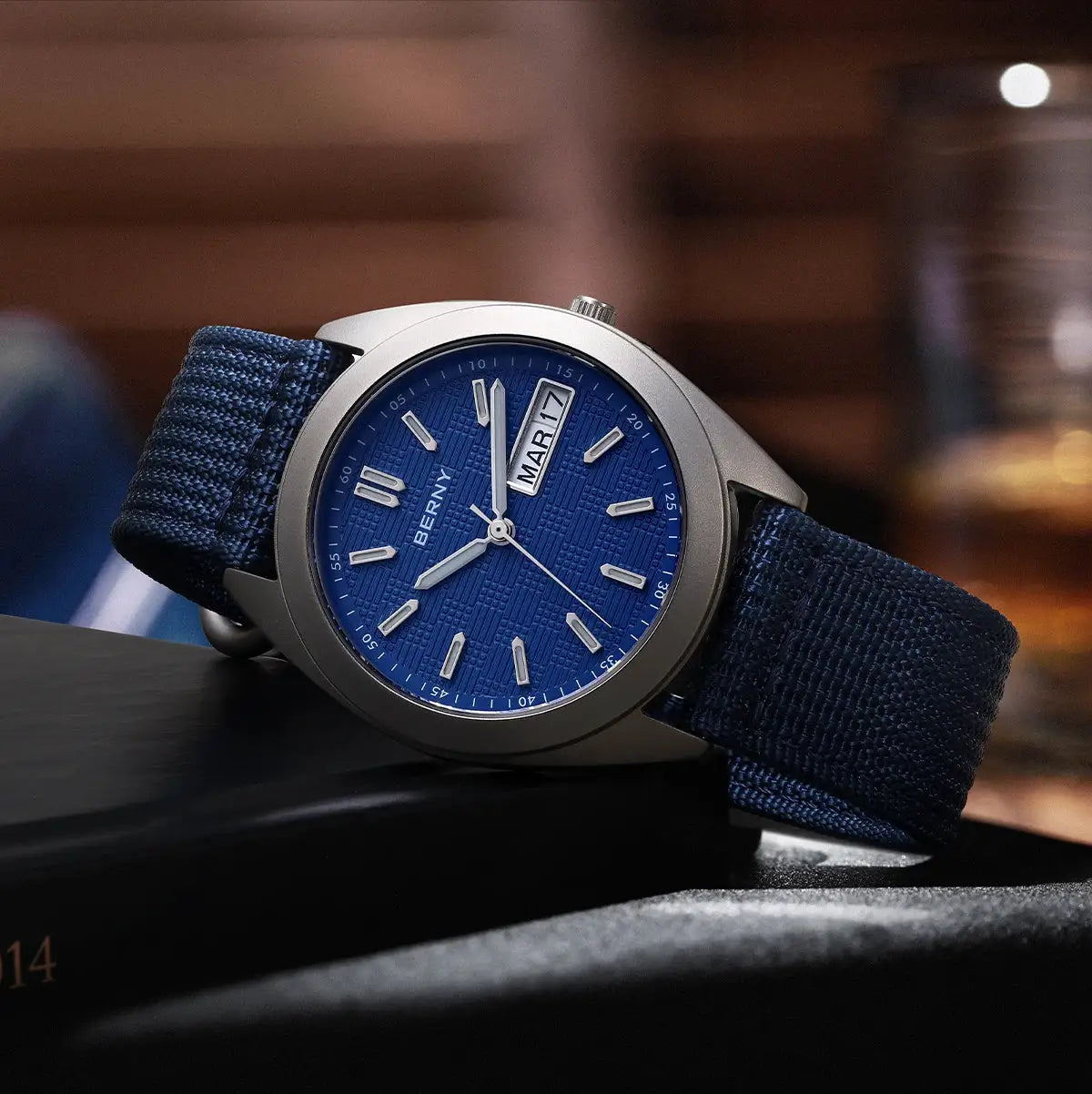 BERNY men's titanium watch with blue dial, date window, 38mm case, and blue fabric strap