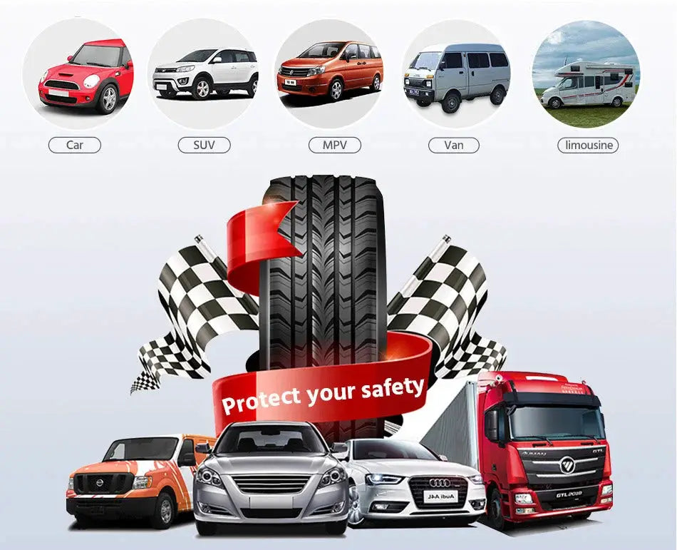 E-ACE Car TPMS Sensor by Simples Market; five vehicle icons and tire with race flags backdrop.