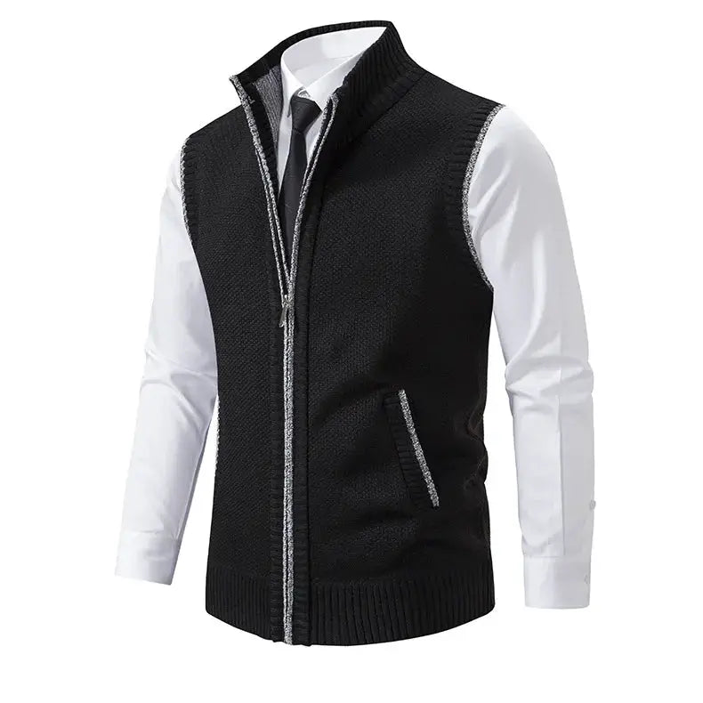 Men's knitted sleeveless zip-up sweater vest in black with gray trim, Simples Market