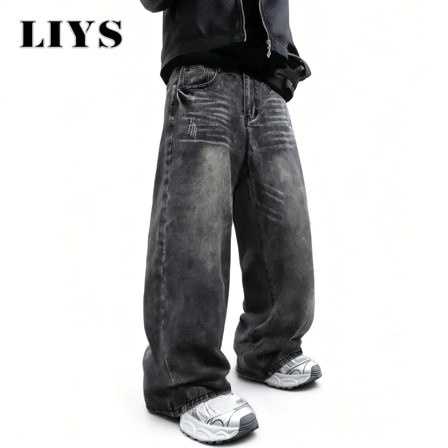 LIYS retro gray wide-leg denim jeans with distressed fading, baggy unisex fit.