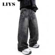 LIYS retro gray wide-leg denim jeans with distressed fading, baggy unisex fit.