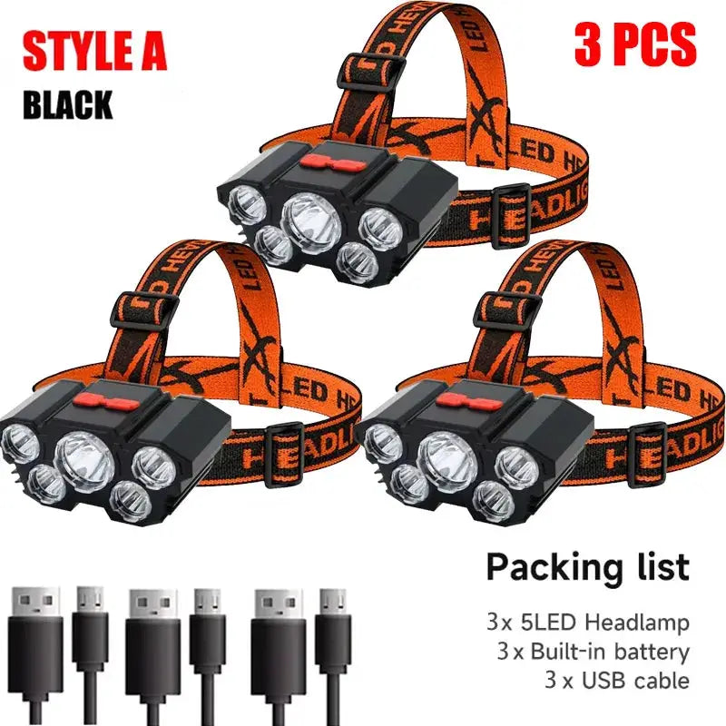 TrailBright 5 LED Rechargeable Headlamp With Built In Battery And USB Charging Waterproof For Outdoor Adventures