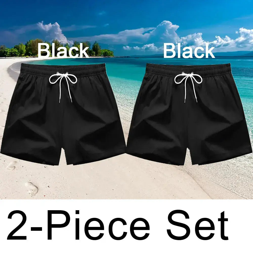 Simples Market men's black swim shorts, quick-dry board shorts with drawstring and pockets, 2-piece set