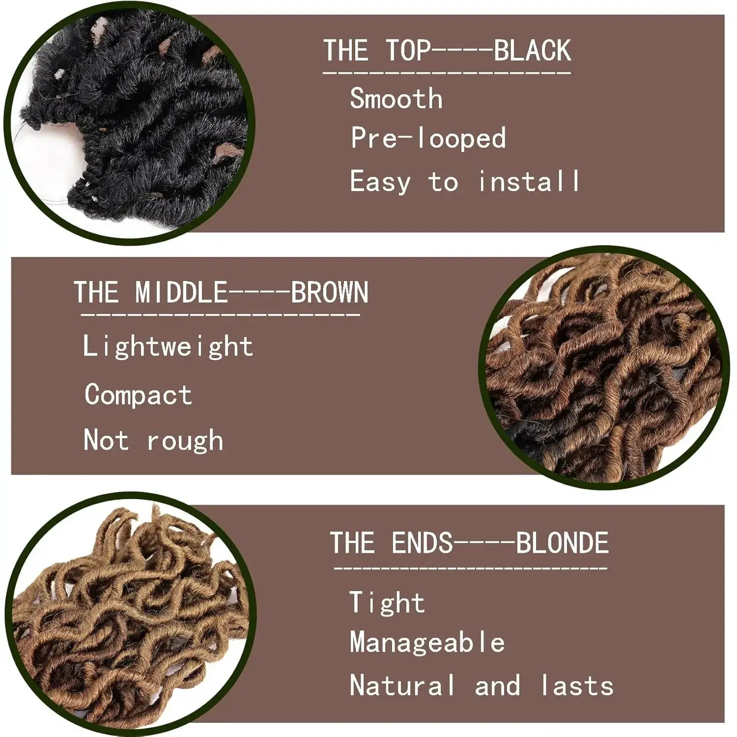 Goddess faux locs crochet hair, 18/24in, 3-tone black brown blonde, Simples Market 6-pack bundle