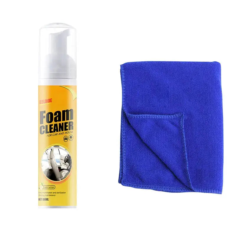 Car foam cleaner spray with yellow label and blue microfiber cloth