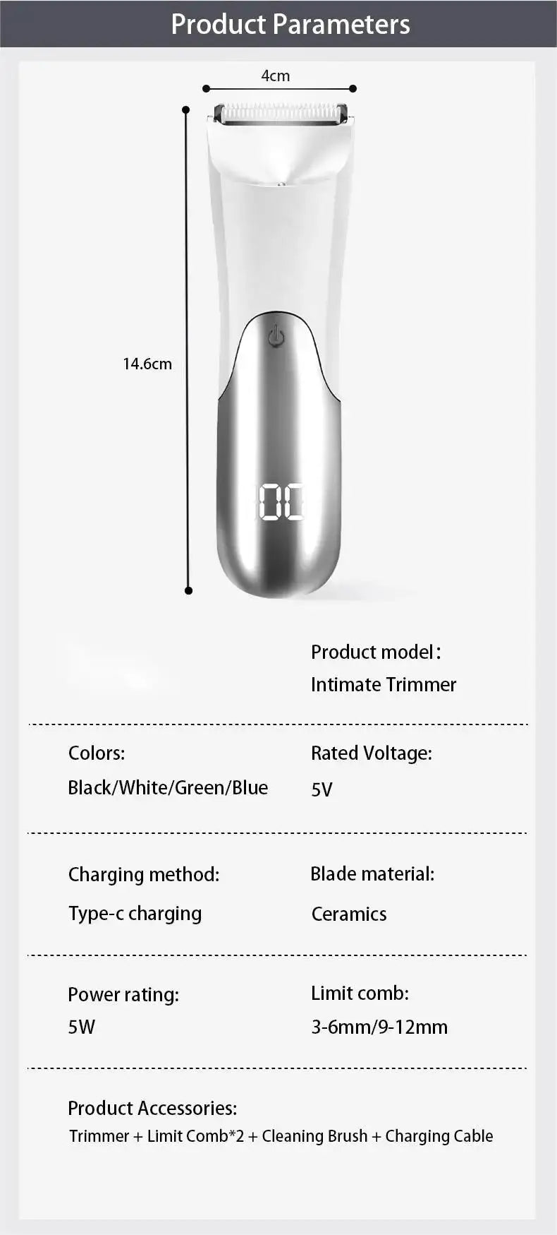 Men's Groin Hair Trimmer by Simples Market with ceramic blade and 2 guard attachments, wet/dry shaver.