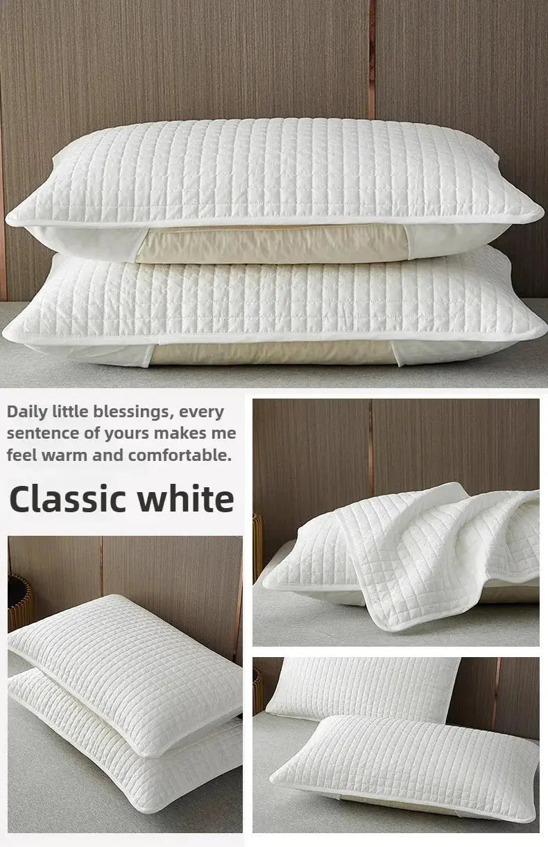 Two white quilted pillow covers with anti-mite waterproof protection, 72×45 cm