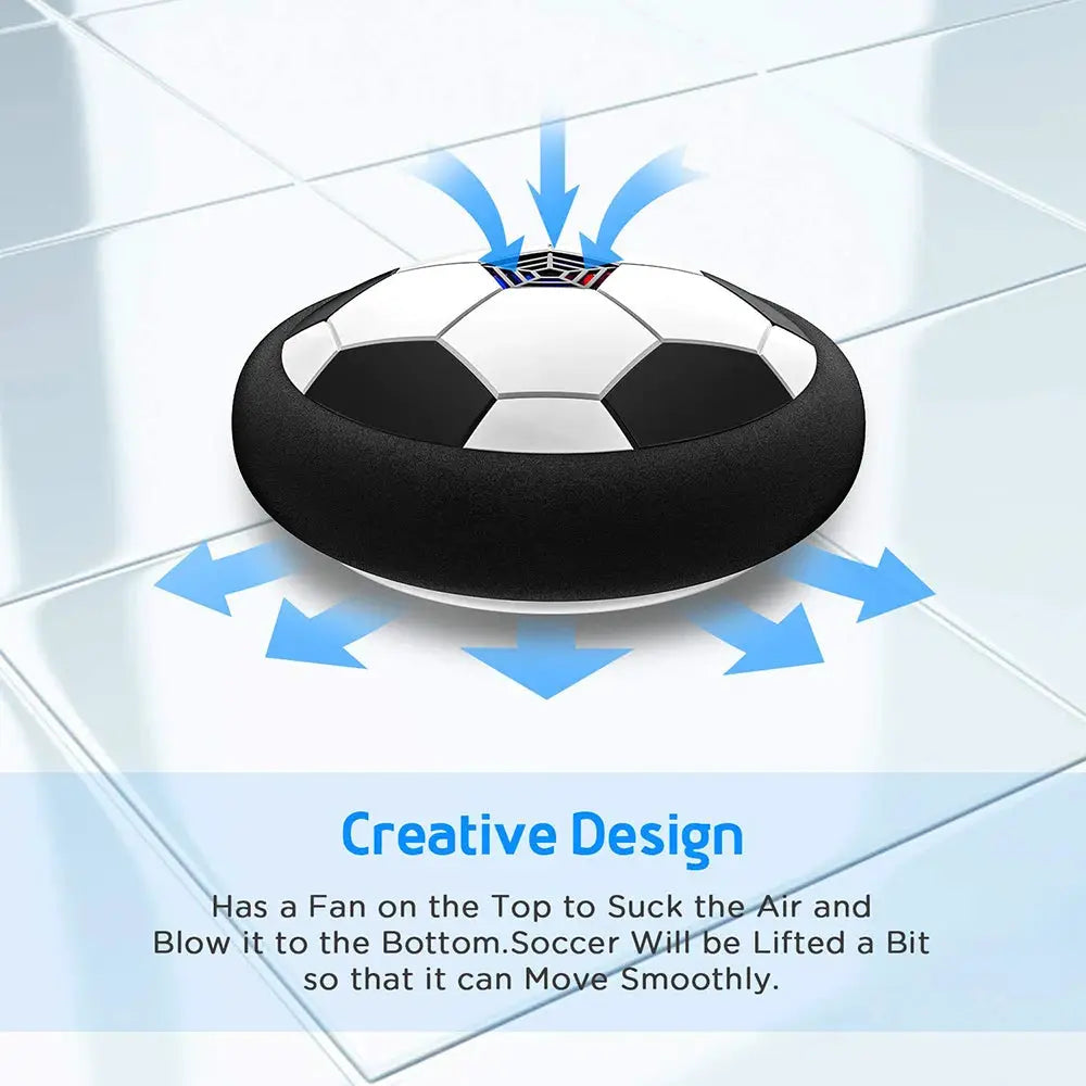 Retail Hover Soccer Ball for Kids with LED lights and music, black bumper surrounding a white and black soccer ball.