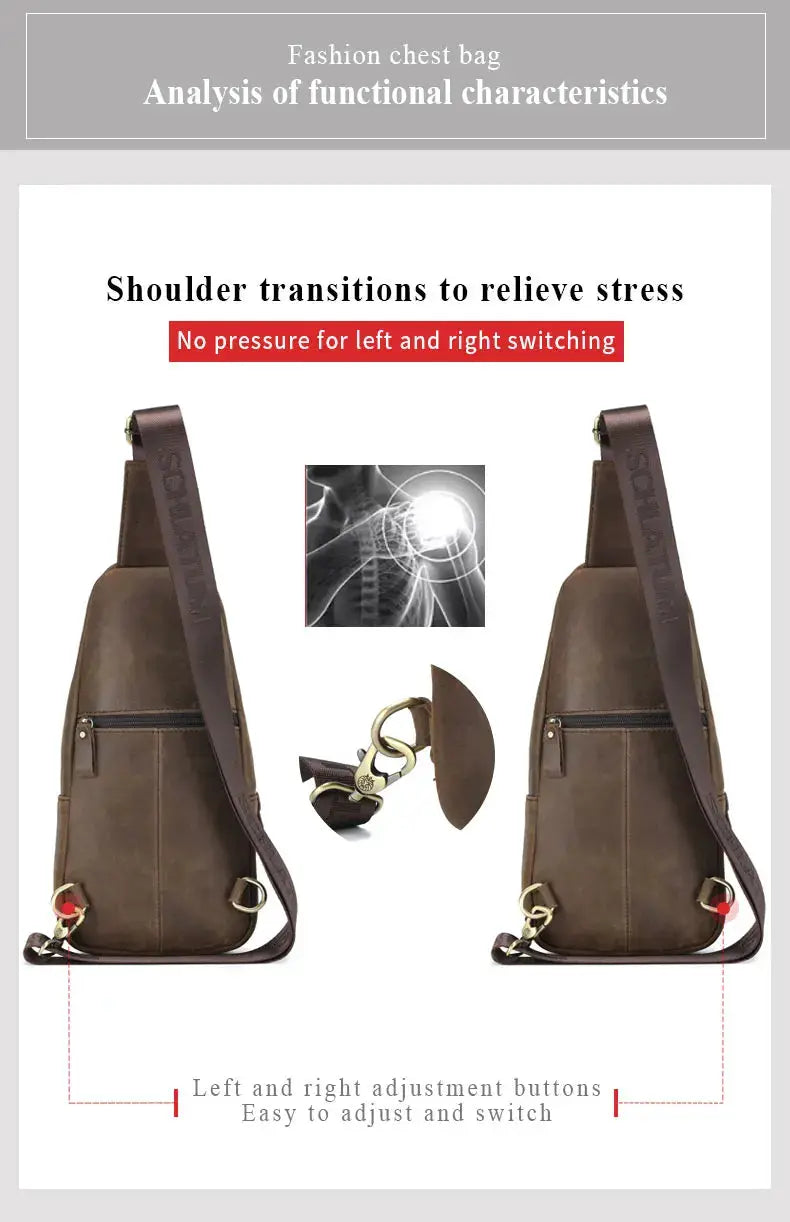 Two SCHLATUM genuine leather chest bags by Simples Market; brown triangle crossbody backpacks with adjustable straps.