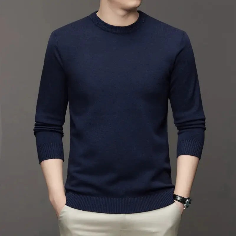 Simples Market men's navy knit crewneck pullover sweater, lightweight solid-color long sleeve