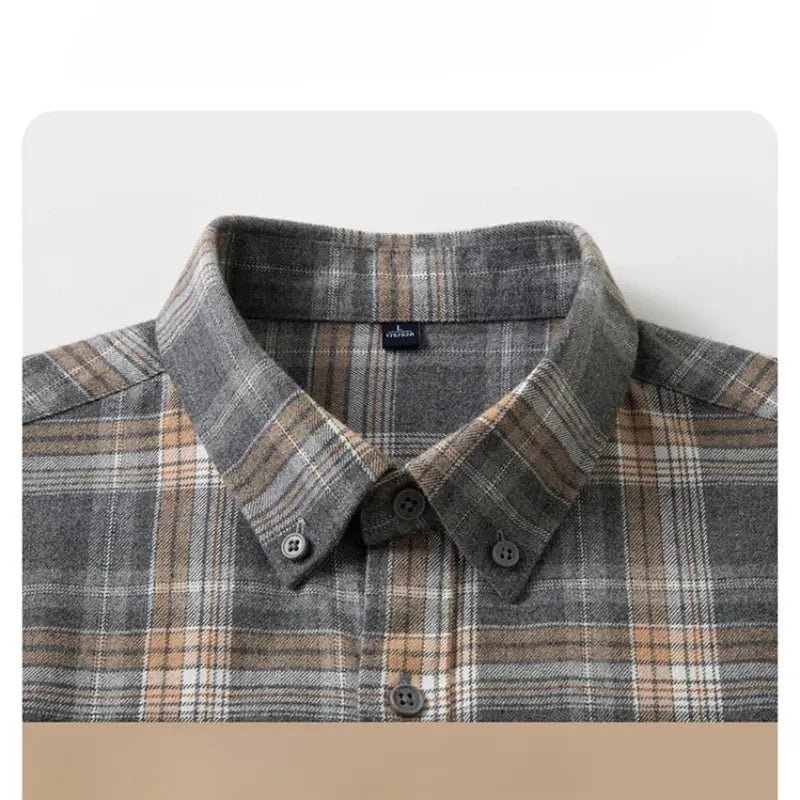Men's 100% cotton flannel shirt in grey and tan plaid, button-down collar.