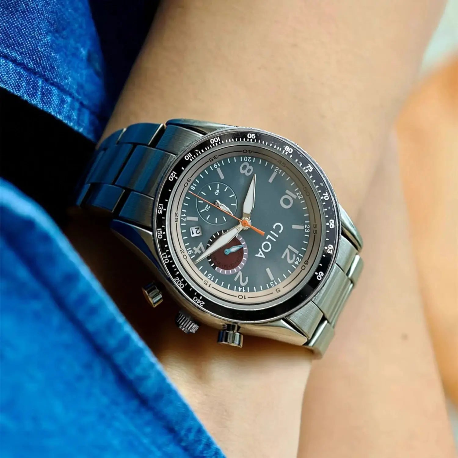 CILOA men's stainless steel chronograph watch with black bezel and gray dial