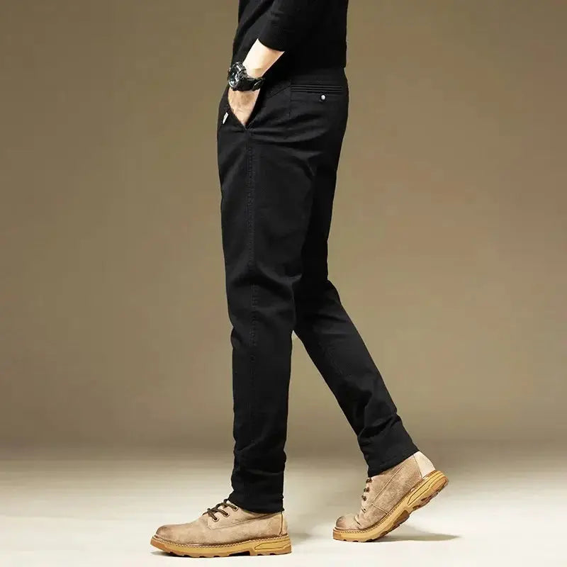 KUBRO men's cotton casual pants in solid black, straight fit for business/work