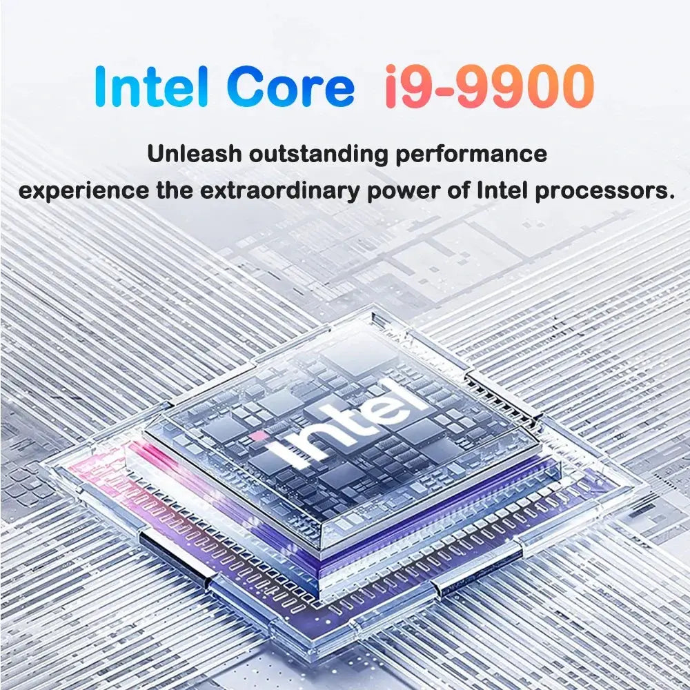 Intel Core i9-9900 processor chip graphic with Intel branding