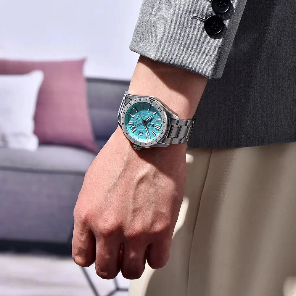 Pagani Design GMT men's mechanical watch with teal dial and stainless steel bracelet