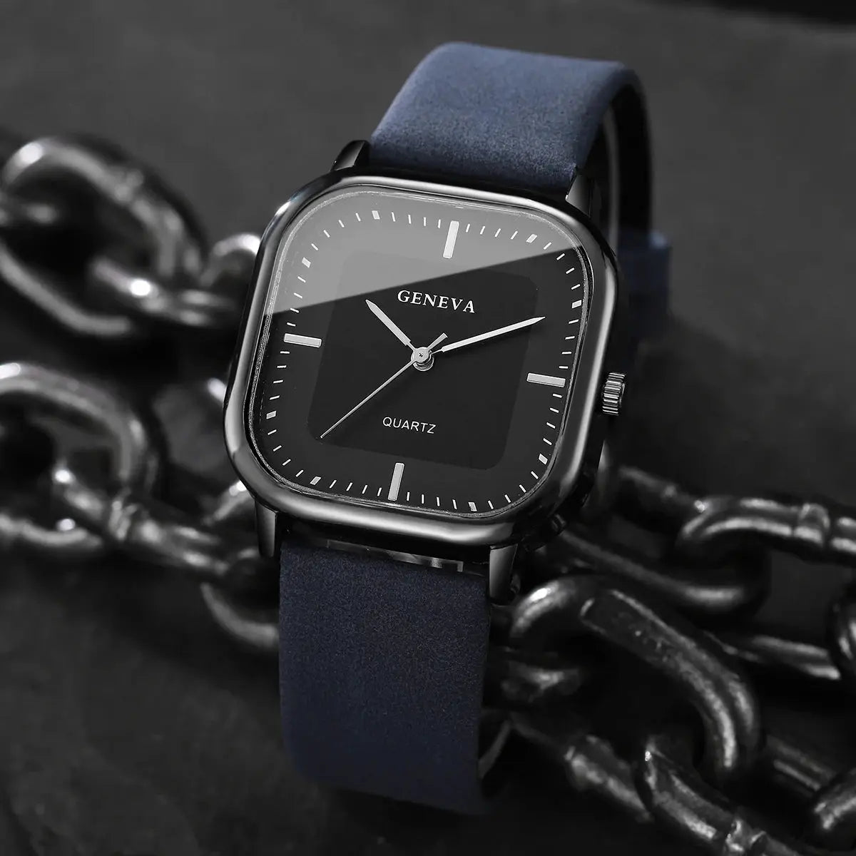 Geneva square-dial men's quartz watch with blue leather strap